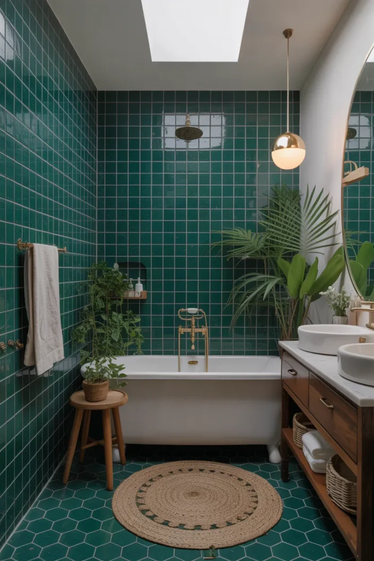 moody dark green bathroom