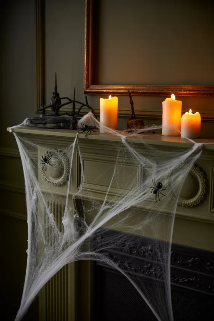 Halloween Fireplace Decor with Cobwebs
