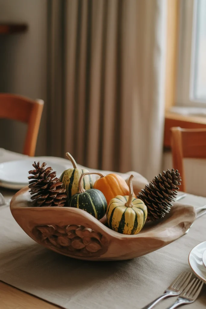 Natural Wood Bowl with Mixed Gourds