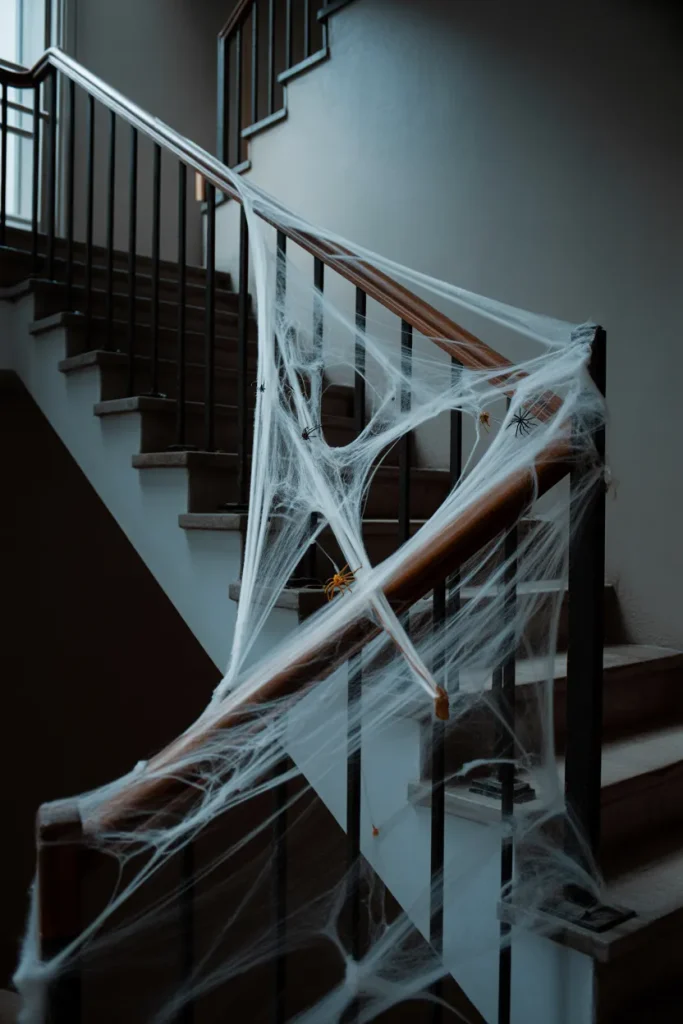 Stairway Decorating with Spiderwebs