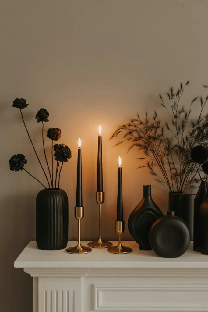 Elegant Halloween Decor Black and Gold Mantel