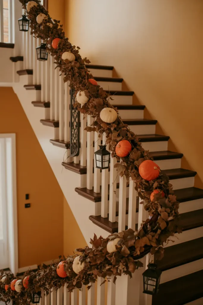 Staircase Decor Ideas with Garland and Lanterns