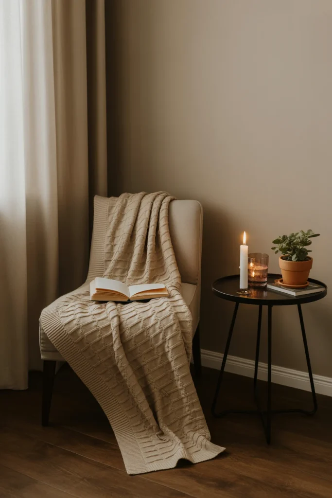 Cozy Fall Decor Blanket and Candle Corner
