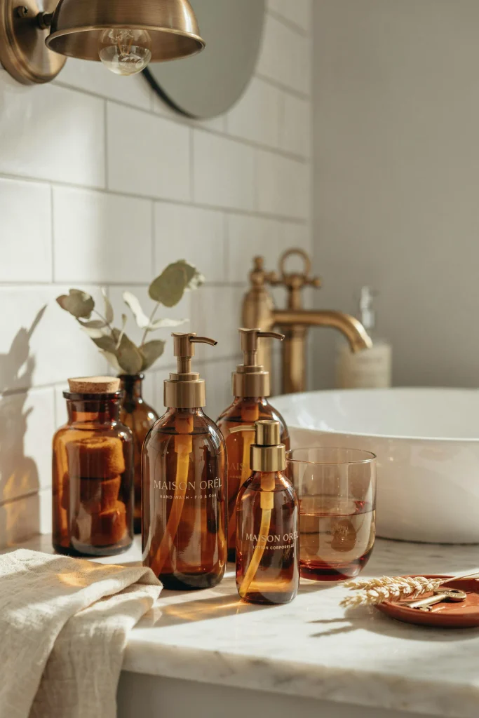 20 Fall Bathroom Decor Ideas for a Cozy Autumn Glow 10 Amber Glass Details