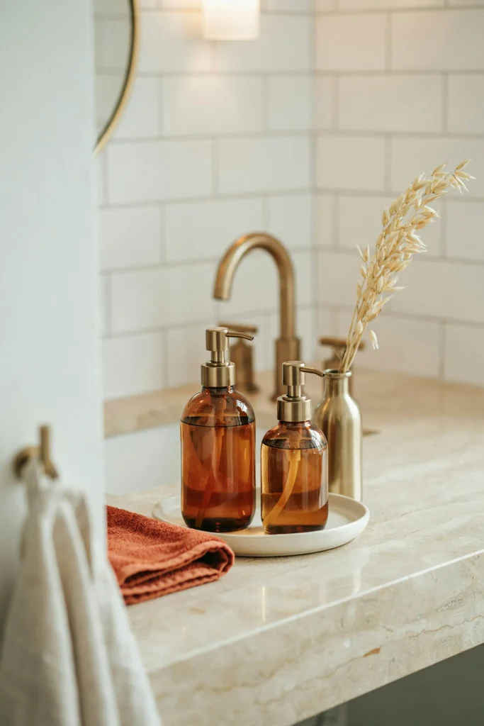 20 Fall Bathroom Decor Ideas for a Cozy Autumn Glow 12 Amber Glass Soap Bottles