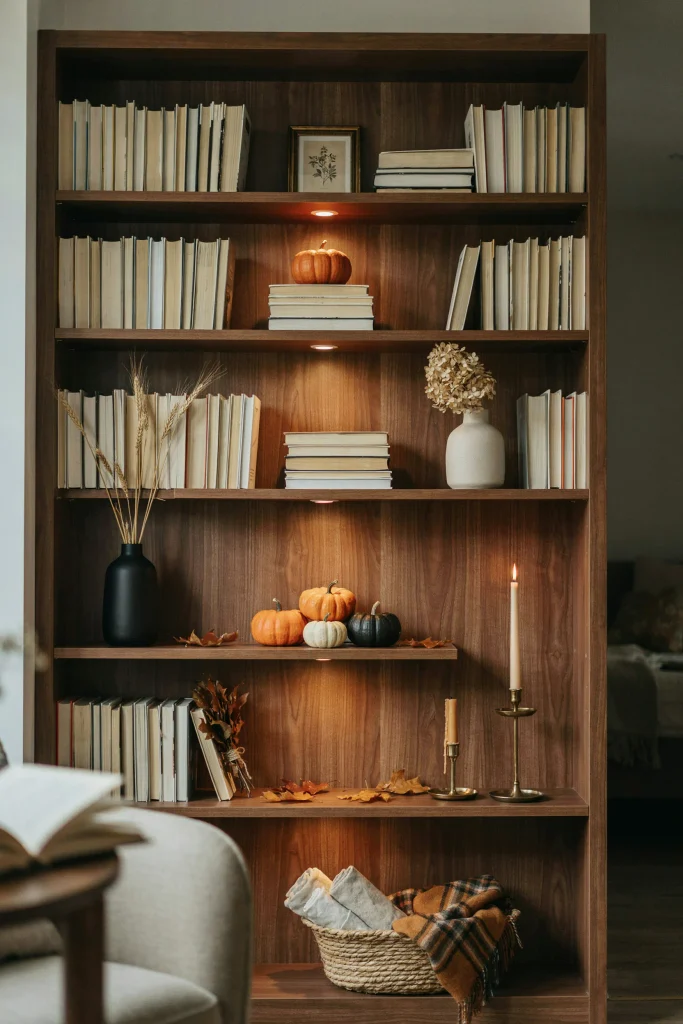 22 Halloween Pumpkin Decor Ideas for a Charming 2026 19 Pumpkin Bookshelf Accents