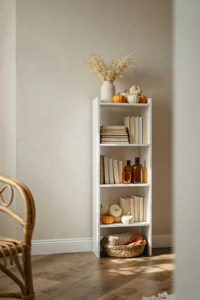 21 Fall Decorating Ideas for Small Homes That Wow Now 14 Pumpkin Bookshelf Styling