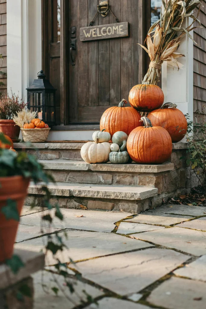 22 Halloween Pumpkin Decor Ideas for a Charming 2026 22 Pumpkin Doorstep Stack