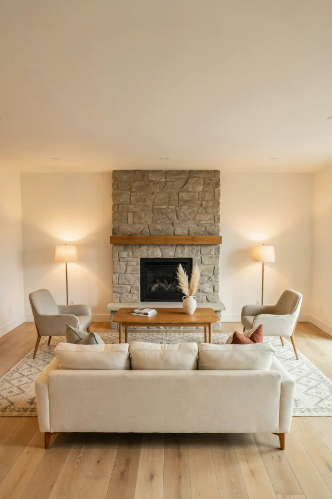 Sofa and Fireplace Focus