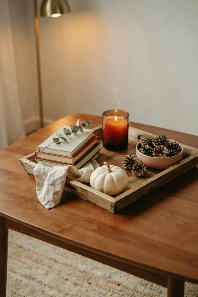 20 Budget-Friendly Fall Decorations for a Luxe Look 7 Thrifted Tray Vignette