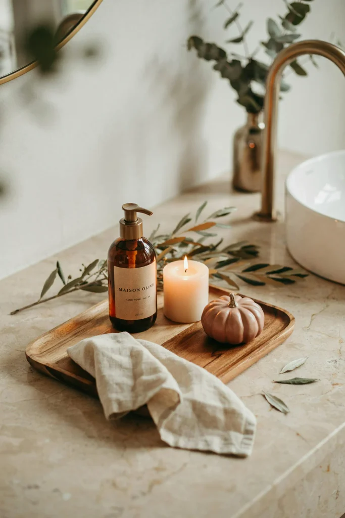 20 Fall Bathroom Decor Ideas for a Cozy Autumn Glow 7 Warm Wood Vanity Tray