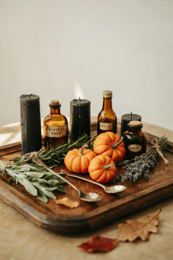 22 Vintage Halloween Decor Ideas for a Nostalgic 2026 15 Amber Glass Bottles