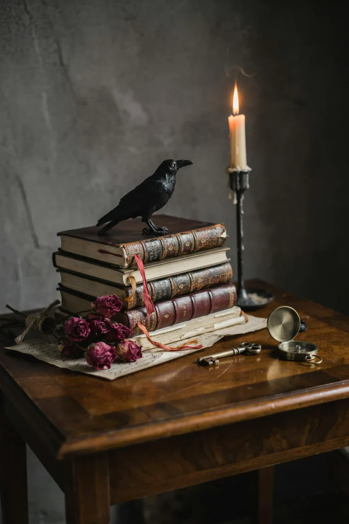 21 Gothic Halloween Decor Ideas for a Haunting 2026 6 Antique Book Stacks