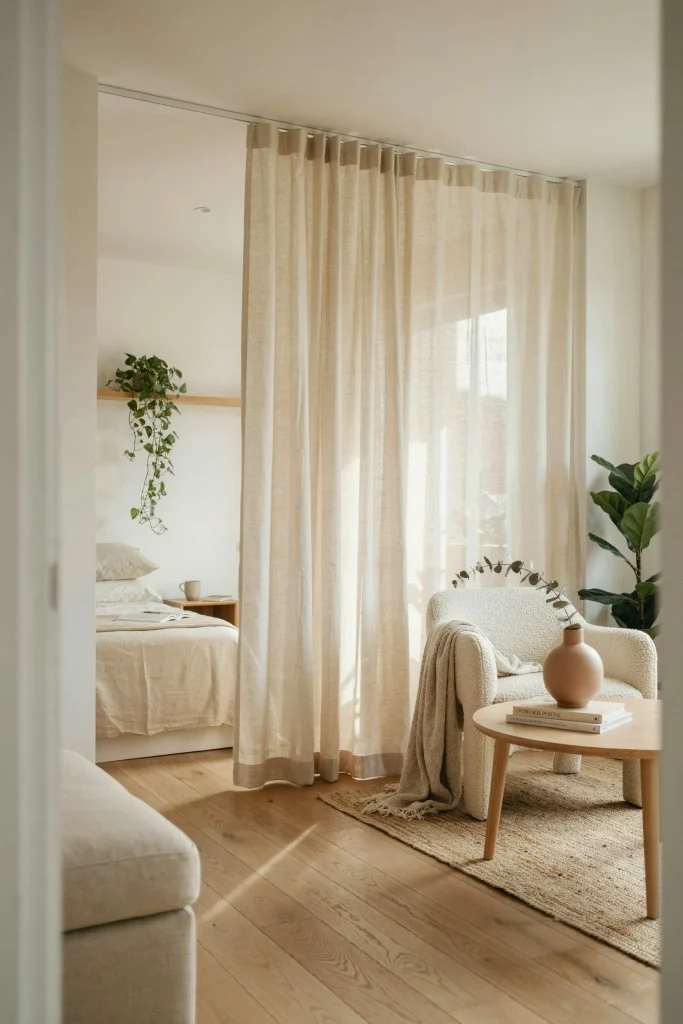 24 Room Divider Ideas That Transform Every Small Space 10 Ceiling-Mounted Curtains