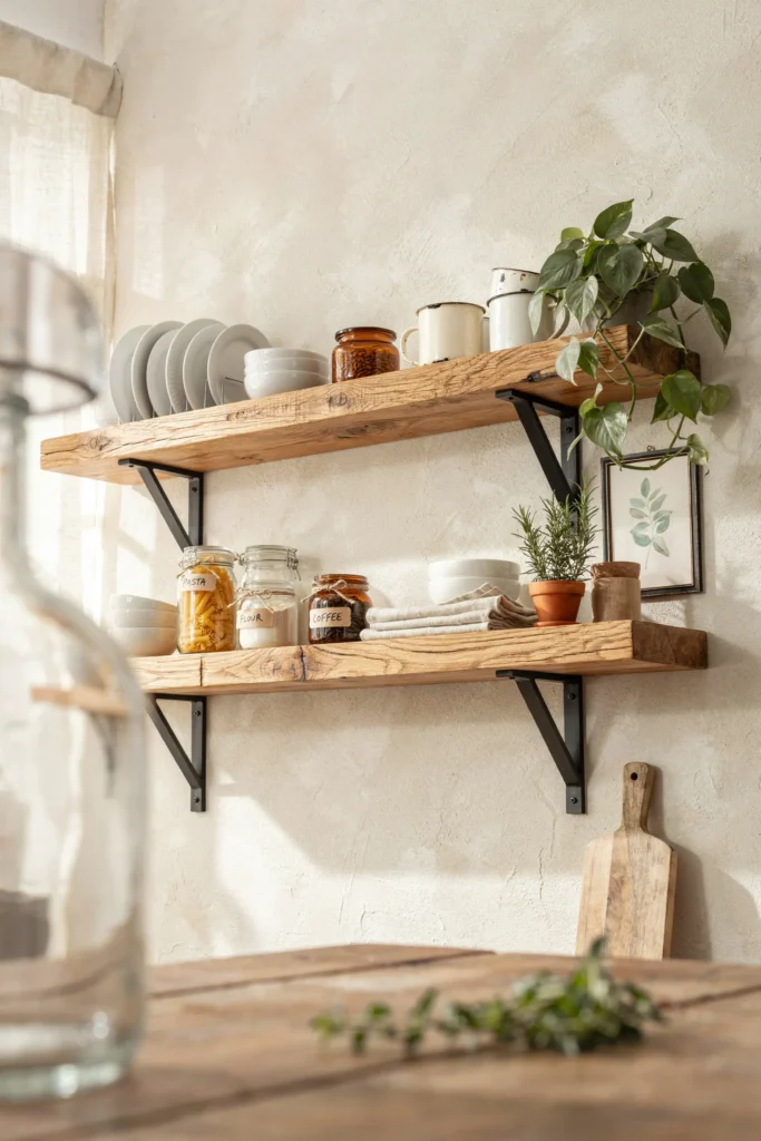 22 Farmhouse Kitchen Design Ideas for Warm, Cozy Charm 18 Chunky Wood Shelves