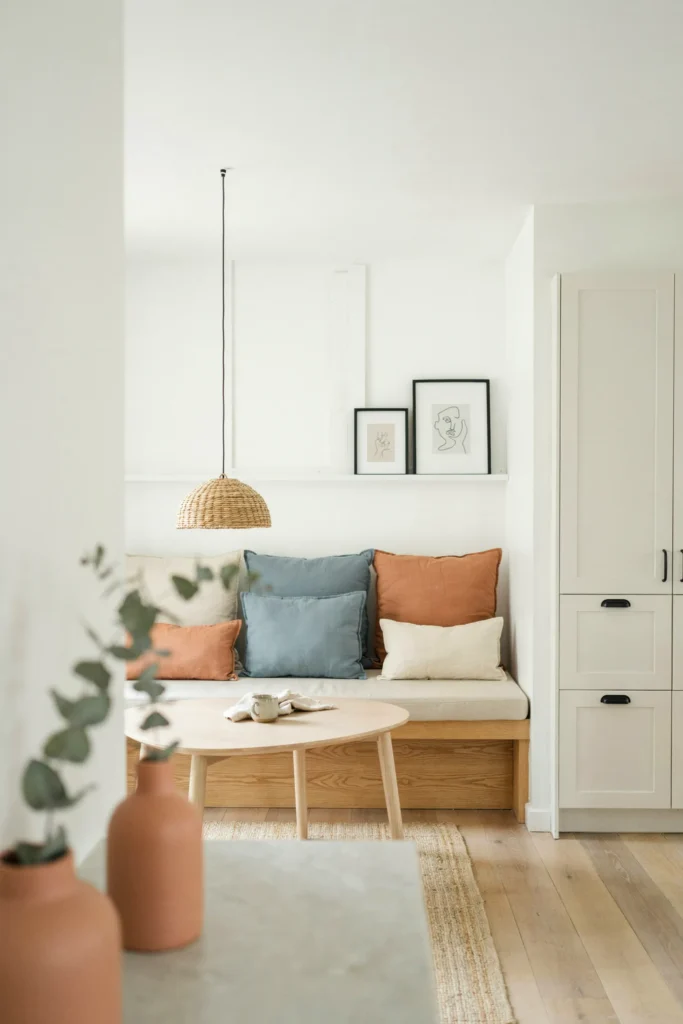 22 Small Kitchen Banquette Seating Ideas Worth Stealing 16 Color-Blocked Banquette Cushions