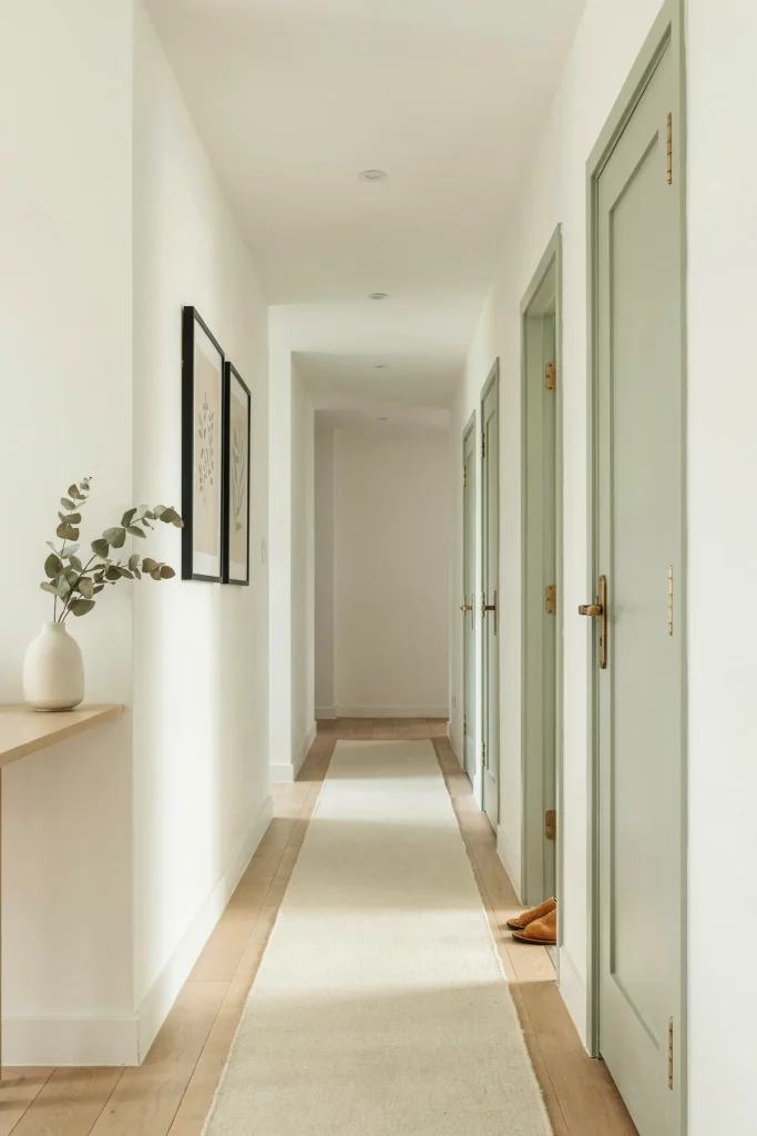 21 Narrow Hallway Decorating Ideas to Try Right Now 16 Contrasting Door Color