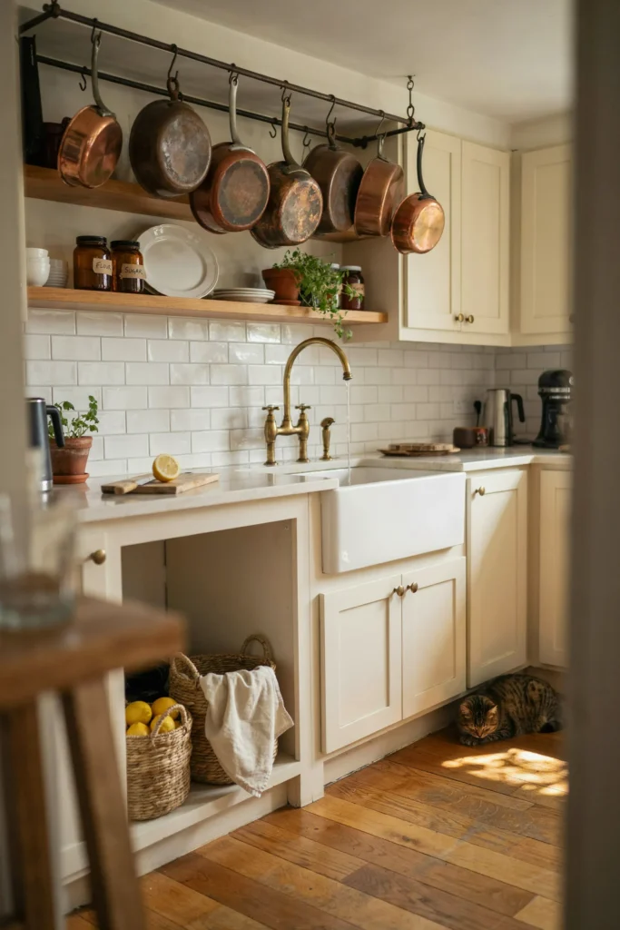 22 Farmhouse Kitchen Design Ideas for Warm, Cozy Charm 17 Copper Pot Display