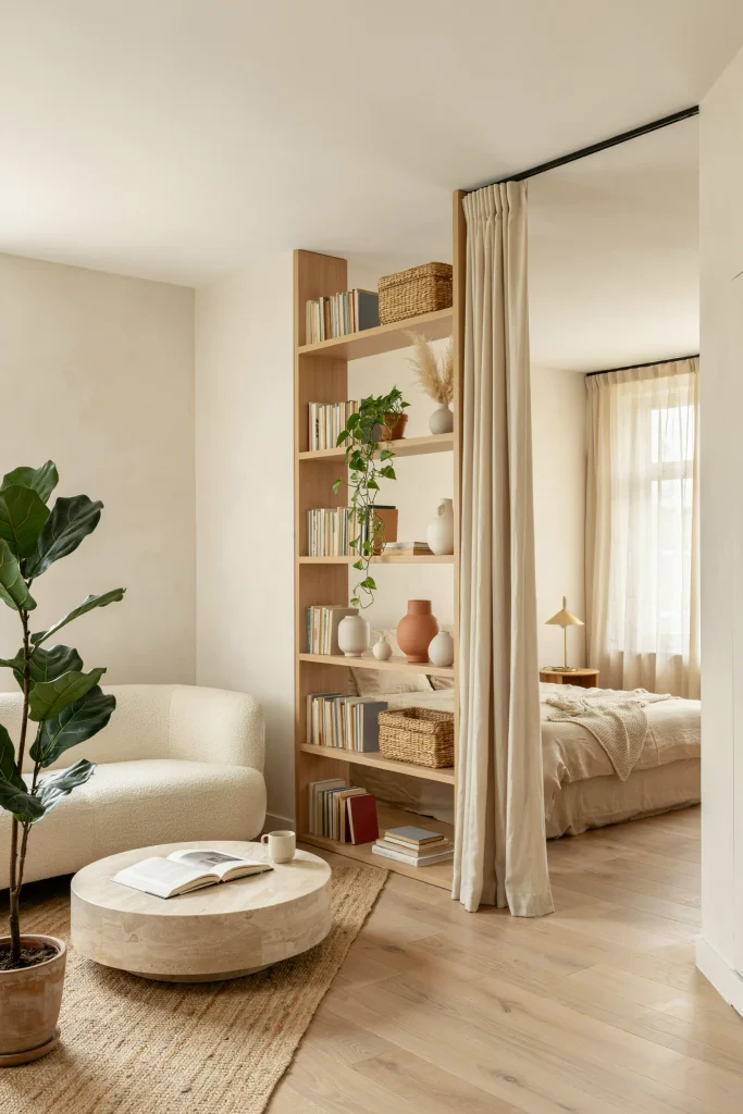 24 Room Divider Ideas That Transform Every Small Space 22 Curtain-and-Shelf Combo