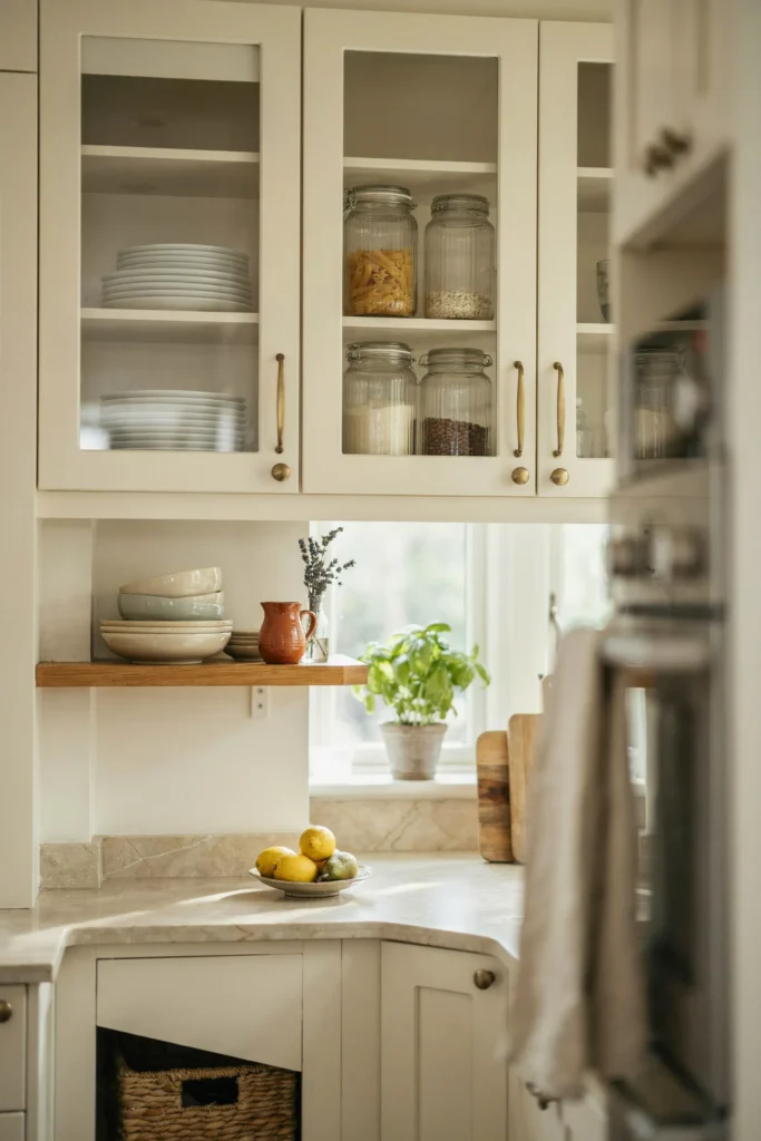 22 Farmhouse Kitchen Design Ideas for Warm, Cozy Charm 13 Glass Cabinet Doors
