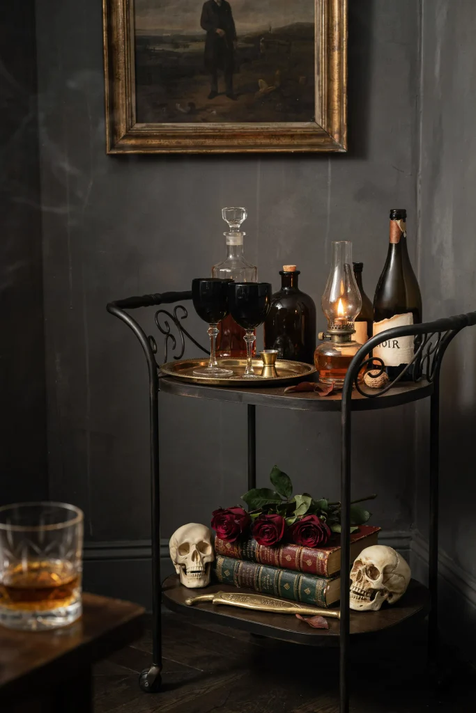 21 Gothic Halloween Decor Ideas for a Haunting 2026 17 Gothic Halloween Bar Cart