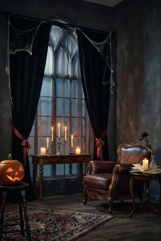 21 Gothic Halloween Decor Ideas for a Haunting 2026 11 Gothic Window Drapery
