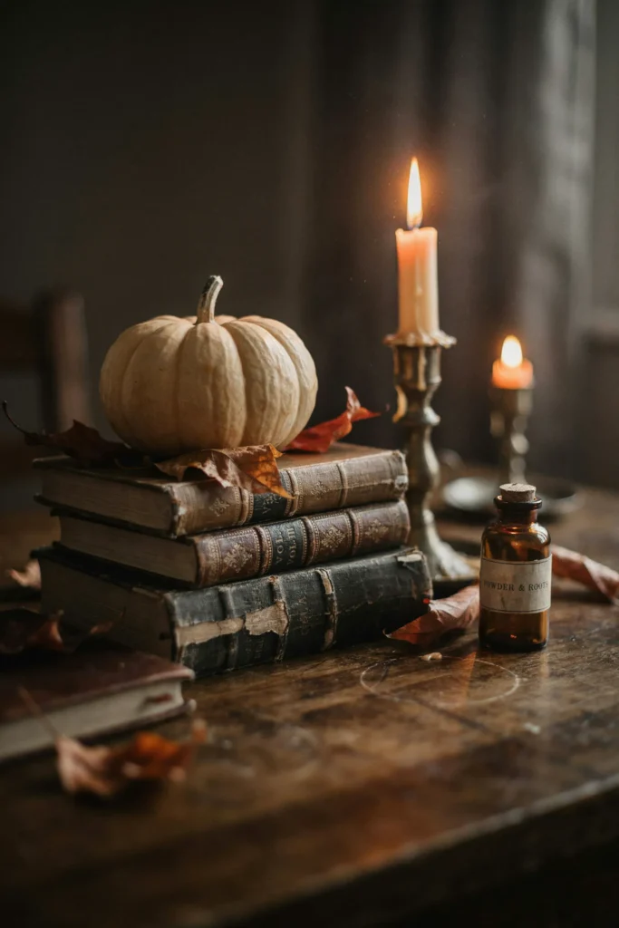 22 Vintage Halloween Decor Ideas for a Nostalgic 2026 17 Haunted Book Stack