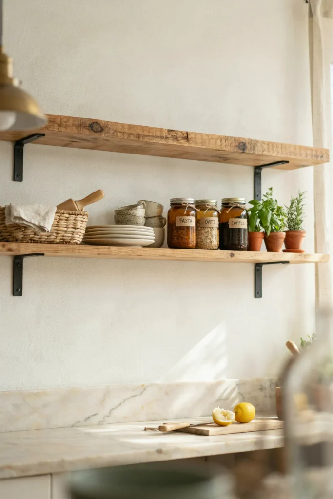 22 Farmhouse Kitchen Design Ideas for Warm, Cozy Charm 3 Open Wood Shelving