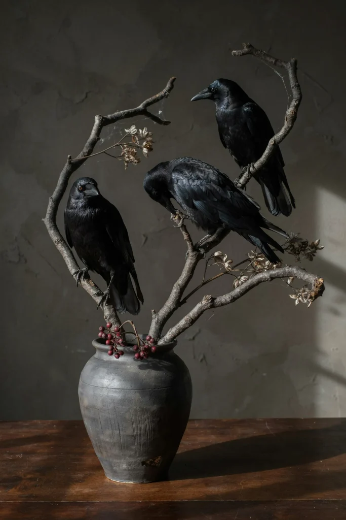 21 Gothic Halloween Decor Ideas for a Haunting 2026 4 Raven Branch Arrangement