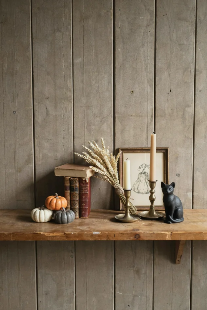 22 Vintage Halloween Decor Ideas for a Nostalgic 2026 9 Sepia Pumpkin Shelf
