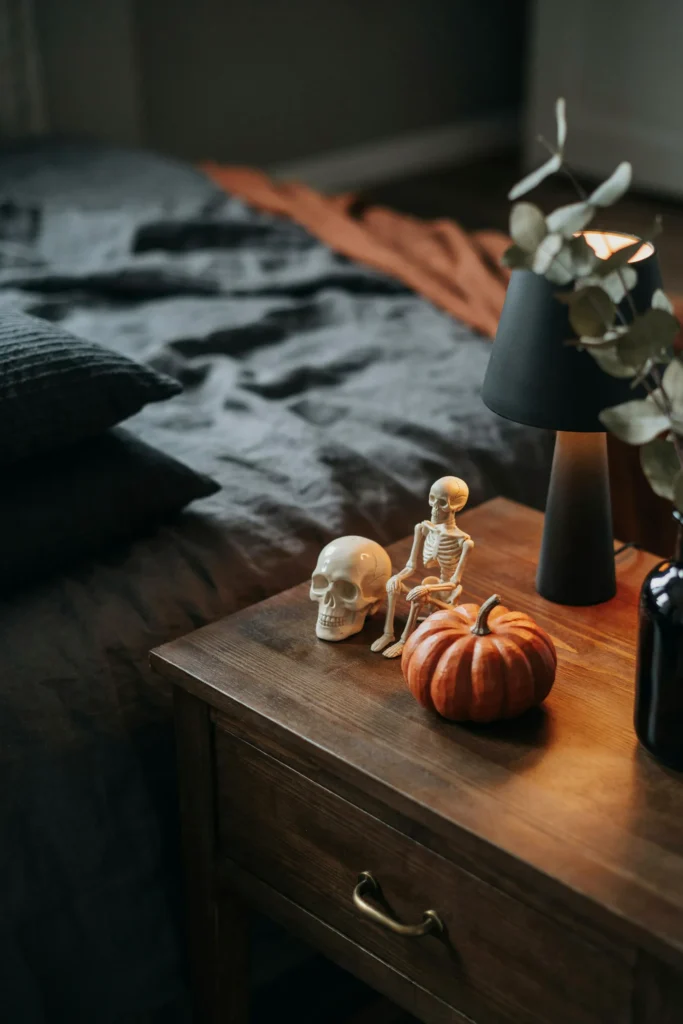 21 Skeleton Halloween Decor Ideas for a Chilling 2026 19 Skeleton Bedside Display