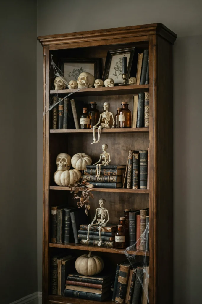21 Skeleton Halloween Decor Ideas for a Chilling 2026 15 Skeleton Bookshelf Styling
