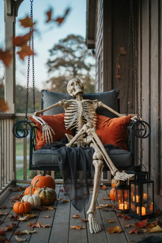 21 Skeleton Halloween Decor Ideas for a Chilling 2026 3 Skeleton Porch Swing