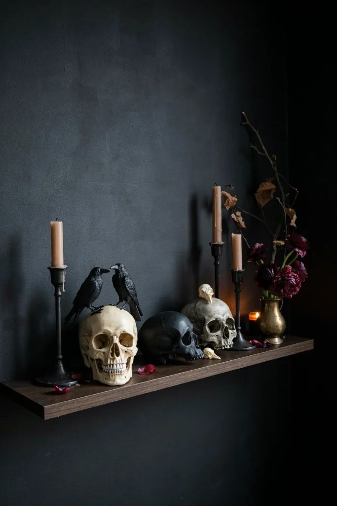 21 Gothic Halloween Decor Ideas for a Haunting 2026 8 Skull Gallery Shelf