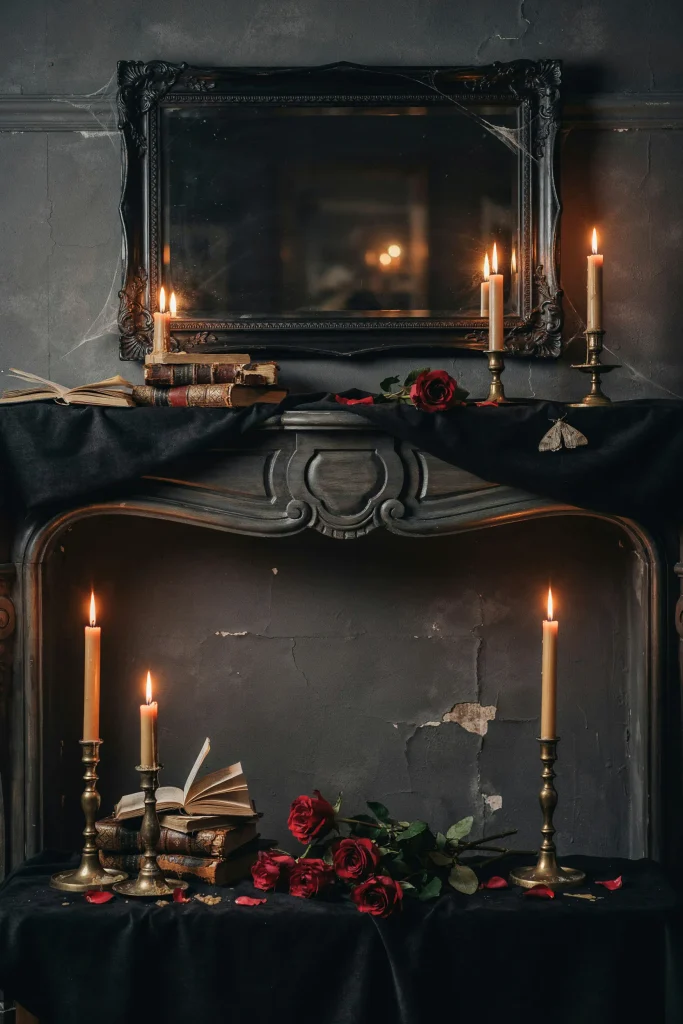 21 Gothic Halloween Decor Ideas for a Haunting 2026 5 Velvet Draped Mantel