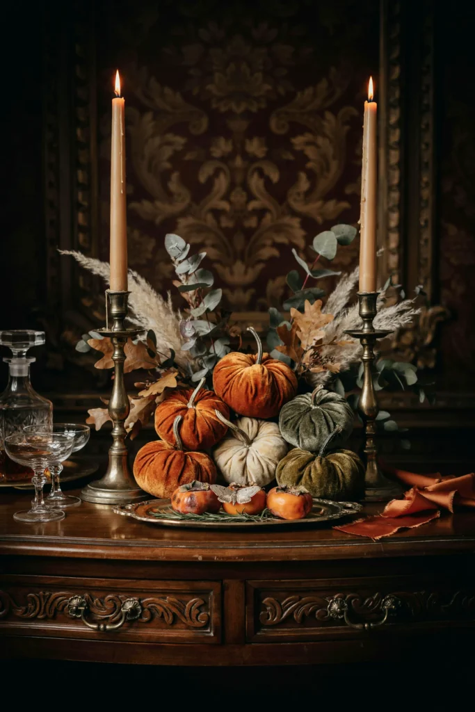 22 Vintage Halloween Decor Ideas for a Nostalgic 2026 16 Velvet Pumpkin Arrangement