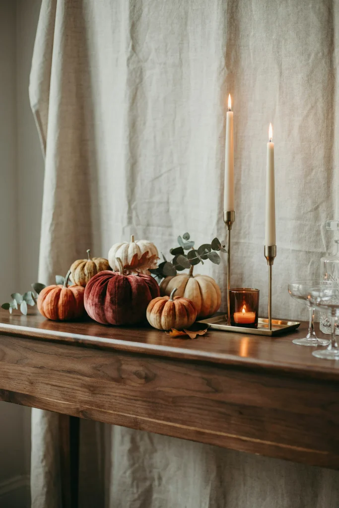 20 Fall Decorations for 2026 That Feel Truly Opulent 2 Velvet Pumpkin Display