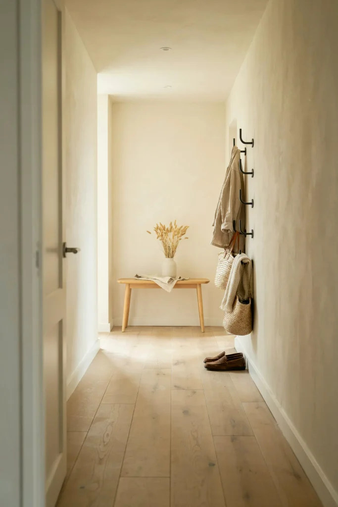 21 Narrow Hallway Decorating Ideas to Try Right Now 6 Vertical Coat Hooks