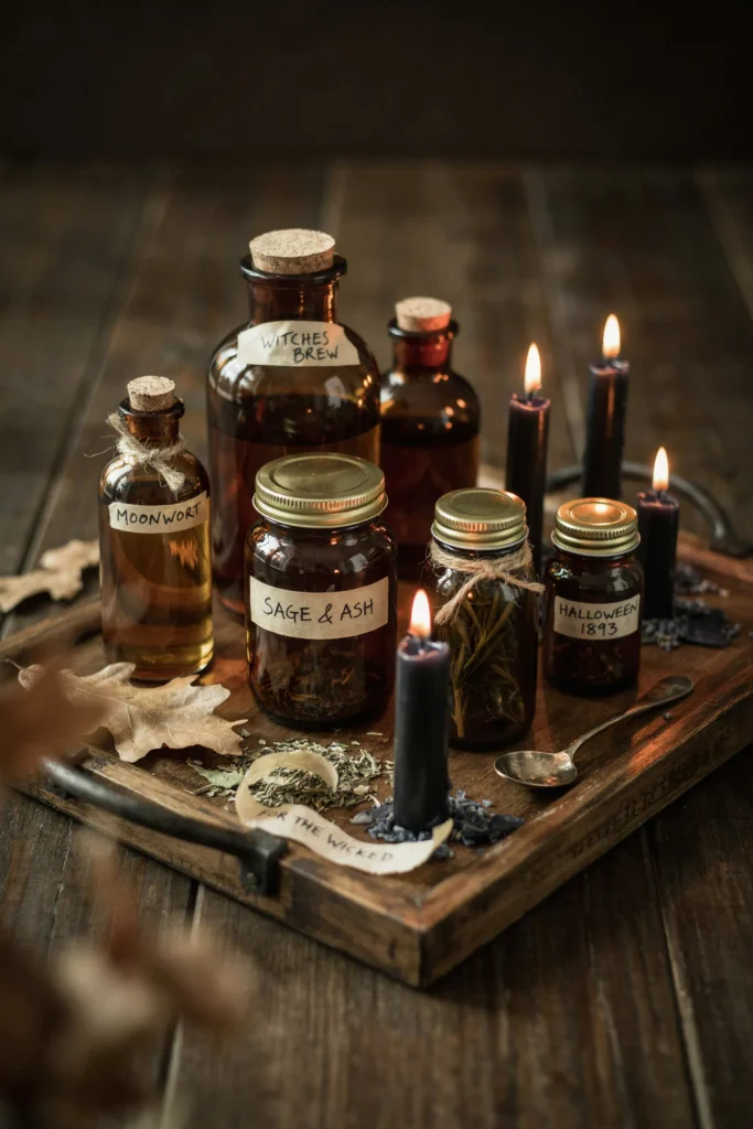 22 Vintage Halloween Decor Ideas for a Nostalgic 2026 4 Vintage Apothecary Bottles
