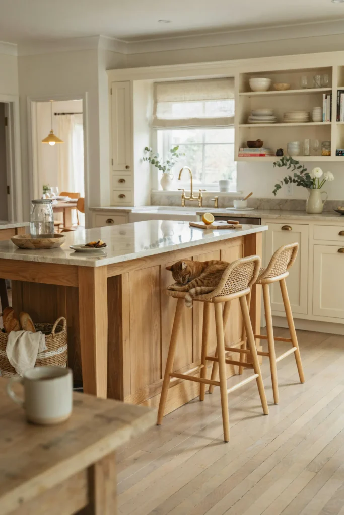 22 Farmhouse Kitchen Design Ideas for Warm, Cozy Charm 9 Woven Counter Stools